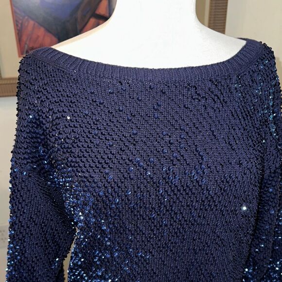 ADRIENNE VITTADINI Navy/White Sequin Striped Women's Long Sweater Size Large - Picture 2 of 10